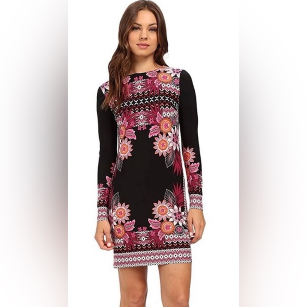 Donna Morgan 3/4 Sleeve Pink Floral Print‎ Stretch Jersey Shift Black Dress Sz 2